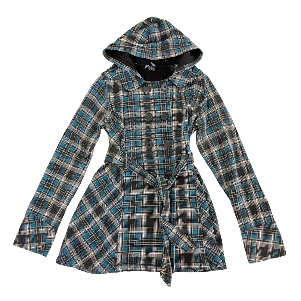 Vintage Y2K Self Esteem Plaid Hooded Trench Coat Jacket Blue Brown White Size XL